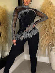 Mock Neck Rhinestone Mesh Jumpsuits
