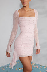 Sleeve Embellished Cowl Neck Mini Dress
