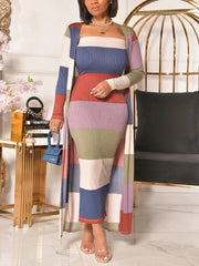 Ribbed Knitted Striped Dress Coat Set