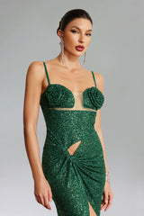 Flower Cut Out Twist Slit Maxi Dress - Green
