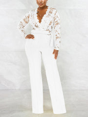 Lace V Neck With Belt Jumpsuits