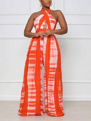 Halter Backless Printed Wide Leg Jumpsuits