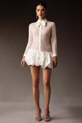 Long Sleeveless Embroidery Lace Sequin Puff Mini Dress