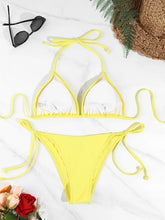2 Pc Solid Color Swimsuit Ladies Thong Bikini Set Side Halter Tie Split Strap Adjustable Swimwearwear