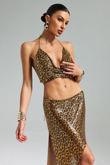 Ensemble jupe dos nu en métal léopard