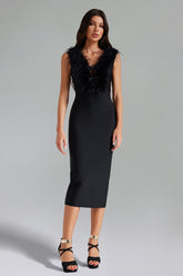 Feather V Neck Bandage Midi Dress