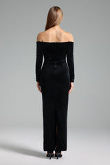 Off Shoulders Long Sleeves Flowers Velvet Maxi Dress