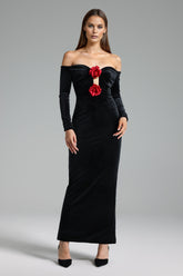 Off Shoulders Long Sleeves Flowers Velvet Maxi Dress