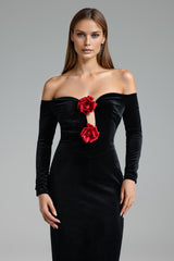Off Shoulders Long Sleeves Flowers Velvet Maxi Dress