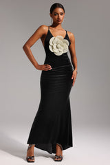 V-Neck Sleeveless Flowers Backless Velvet Maxi Dress