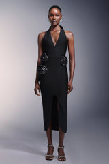 Flowers High Slit Deep-V Bandage Midi Dress