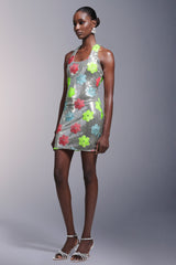 Flowers Backless Halter Sequins Mini Dress