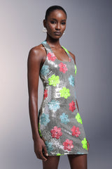 Flowers Backless Halter Sequins Mini Dress