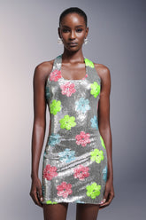 Flowers Backless Halter Sequins Mini Dress