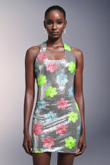 Flowers Backless Halter Sequins Mini Dress