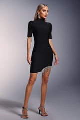 Robe mini bandage à manches courtes et franges en losanges