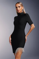 Robe mini bandage à manches courtes et franges en losanges