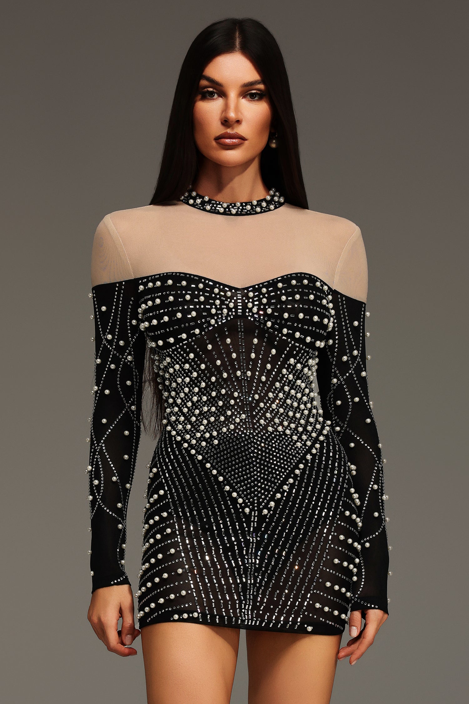 Long Sleeves Diamond Pearl Mini Dress Lady Zo Long Sleeves Diamond Pearl Mini Dress Lady Zo