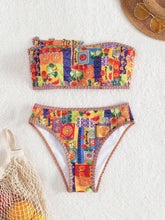 Printed Strapless Bikini Set Retro Tie-Front Two-Piece Swimsuit Elegant Swimwear Swimming