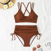 Ribbed Bikini Set Solid Color Two-Piece Swimsuit with Tummy Control & Adjustable Straps Set
