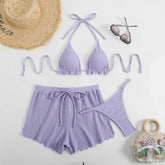 Solid Color 3-Piece Bikini Set Swimwear Cover Up & Panties Sets