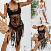 Handmade Crochet Dress Bohemian Fringe Cover Up Lace Cover Up Dress with Adjustable Ties Tassels Dress