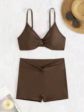 Twist-Front Bikini Sets Knotted Solid Two-Piece Swimsuit with Panties Adjustable Ties