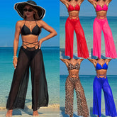 3-Piece Swimsuit Set Bikini with Cover-Up for Black Wide Leg Panties Swimwear