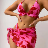 Floral Bikini 3-Piece Set Backless Tie-Front & Triangle Bottom Matching Cover-Upwear