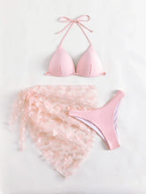 3 Piece Bikini Set with Dress Solid Color Halter & Tie Side Matching Cover Up Swimsuit Outfit Sundress