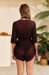 Mesh Technology 3-Piece Set Matching Bikini Black See Through Long Sleeve Bikini Sets Sundress V Neck Swimsuit