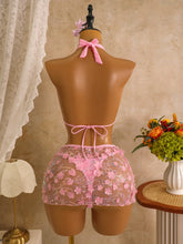 Pink Mesh 3 Piece Bikini Set Halter Neck Swimwear with Cover Up Mesh