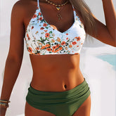 Printed Color Block Tie Side Two Piece Bikini Set Tummy Control Swimwear Panties