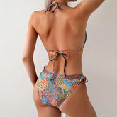 Printed Halter Tie Side Backless Two Piece Bikini Set Tummy Control Swimsuitwear