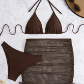 Solid Color Cutout Bikini Set 3Pcs Back Tie & Lace-Up Front Bodycon Fit Mini Open Back Bikini Set