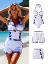 Vintage Solid Color 3-Piece Swimsuit Athletic Bikini Set with Cover-Up Retro Party One Piece Halter