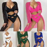 3 Piece Bikini Set Swimsuit with Cover Upwear Solid Blace Cut Out Set