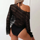 3 Piece Bikini Set Sheer Long Sleeve Cover Up Swimsuit Luxurywear Solid Black Swimsuit
