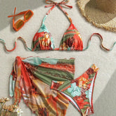 3 Piece Bikini Trend Set Apron Style Cover Up Floral Print Adjustable Ties Swimsuit Floral Swimwears