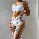 3 Piece Butterfly Bikini Set Sheer Mesh Cutout Swimsuit Two Piece with Cover Upwear Pants