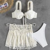 3 Piece Lace Bikini Set French Resort Style Pure & Fringe Drawstring Swimsuit Cover Up