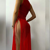 3 Piece Solid Red Micro Bikini Set Sheer Mesh Split Dress Cover Up Swimsuit Multi Colorswear