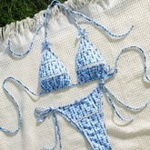 Blue Soft Floral Print Bikini Set Bow Tie Details Spaghetti Straps Halter Neck Backless Party Swimsuit