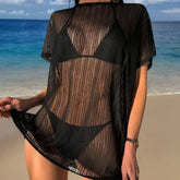 Womens 3 Piece Bikini Set Solid Color Swimsuit with Dress See Through Cover Up Mini Bikini Black Mirco Suit