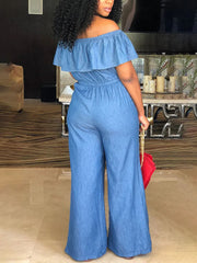 Off Shoulder Ruffle Wide Leg Jumpsuits