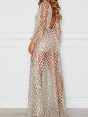 Sequin Mesh V Neck Maxi Dresses