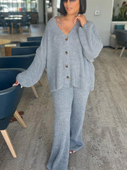 Knit Button Cardigan Wide Pants Set