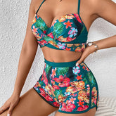 3Pieces Bikini Set Swimsuits Flower Print Tie-up Bra Bathing Suit with Swimming Suit Biquini Swimwear