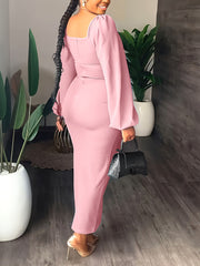 Lantern Sleeve Slit Dresses