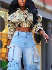 Vintage Floral Zip-Up Crop Jackets